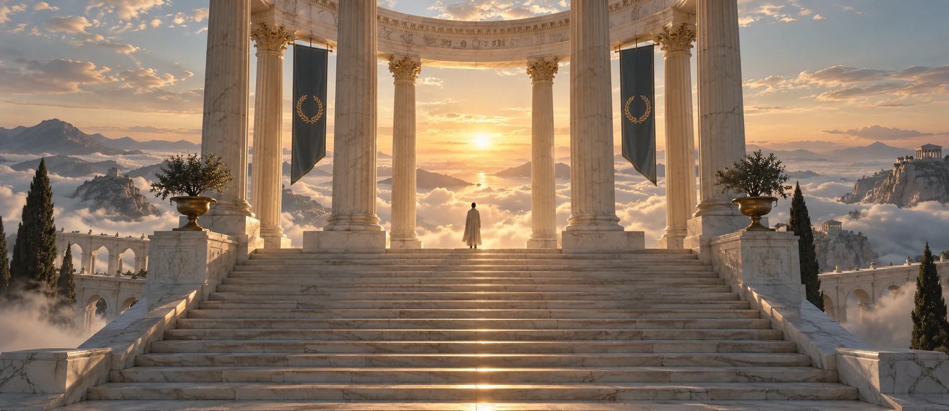 A lone figure at the top of marble steps above a sea of clouds at dawn