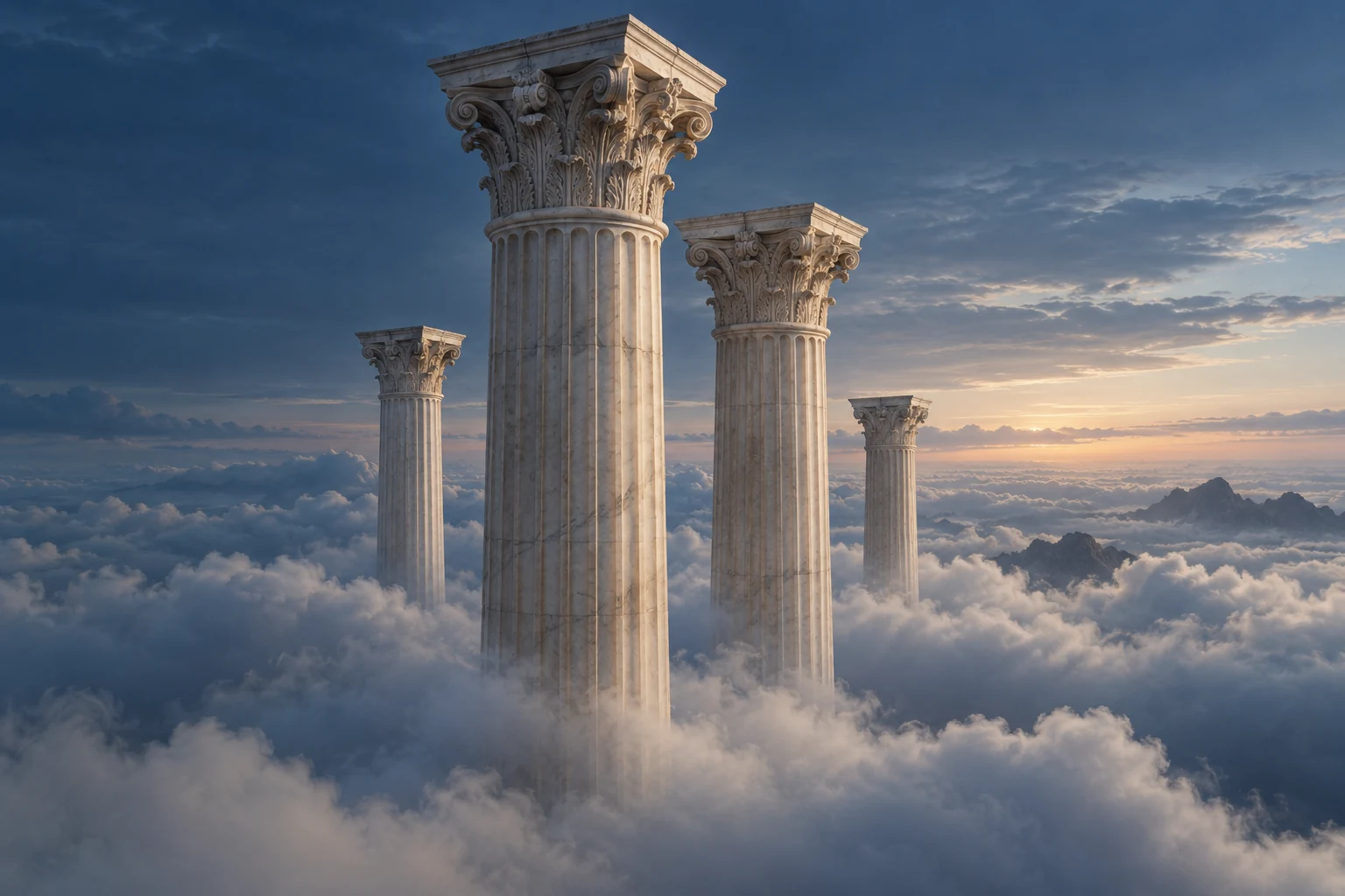 Marble columns rising through clouds at blue hour