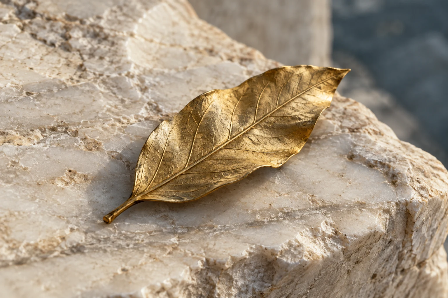 A single gold laurel leaf resting on weathered marble