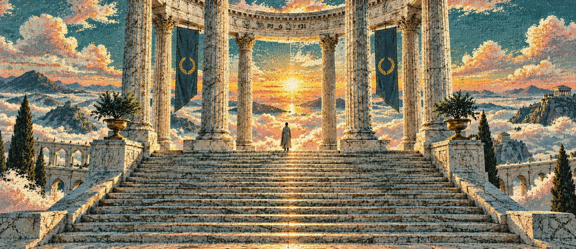 A lone figure at the top of marble steps above a sea of clouds at dawn