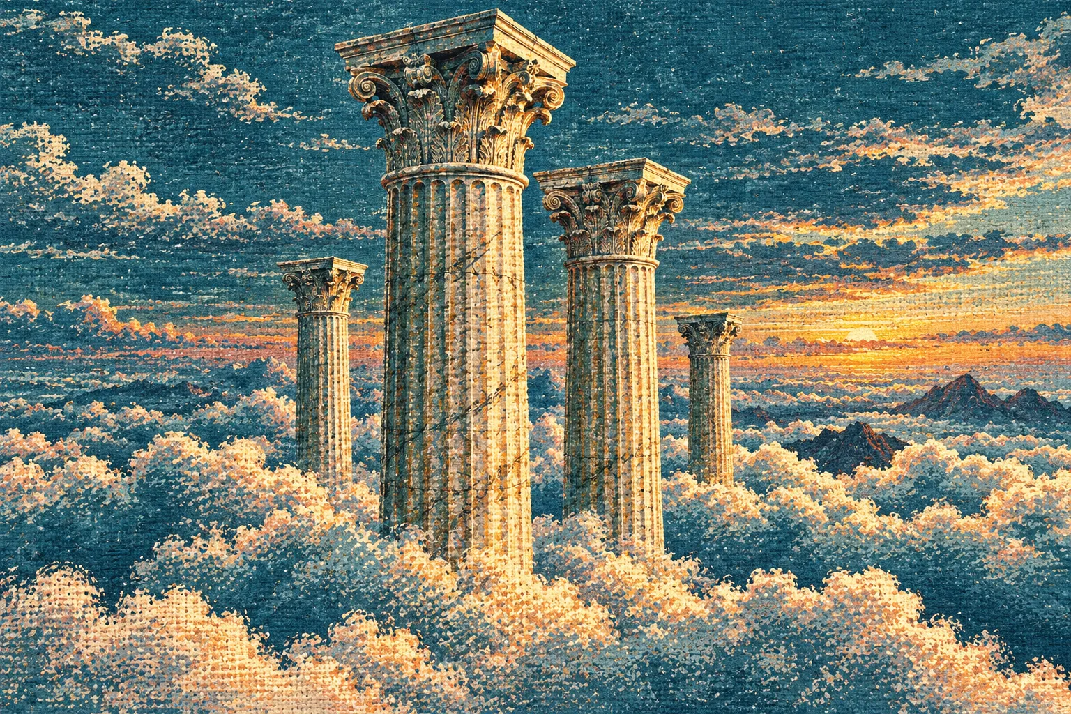 Marble columns rising through clouds at blue hour