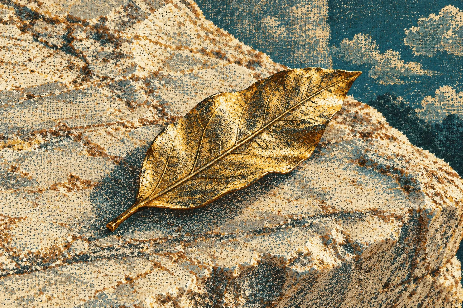 A single gold laurel leaf resting on weathered marble