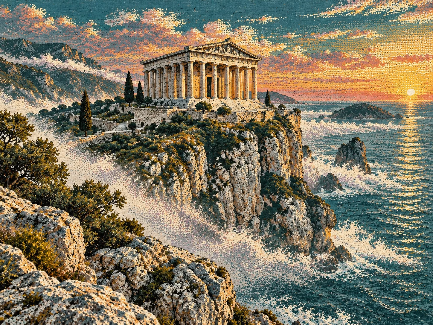 A marble temple on a sea cliff in the mist at first light