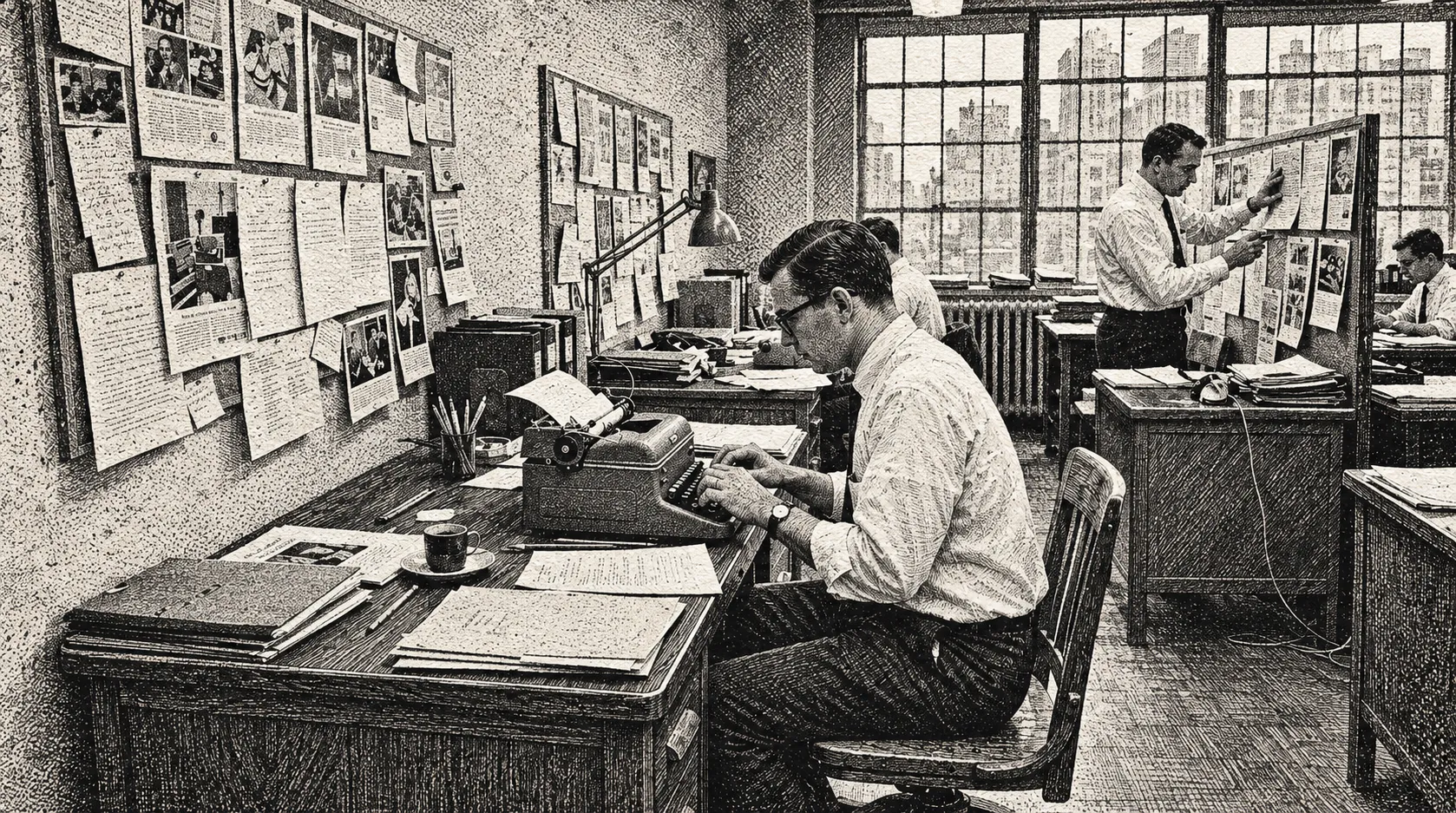 Copywriters at work in a light-filled studio, surrounded by campaign layouts